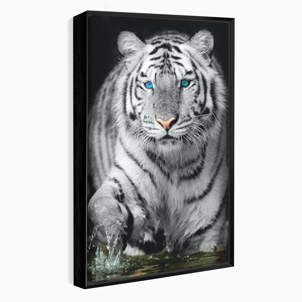 Tablou canvas cu tablou canvas cu tigru alb, in rama de aluminiu negru